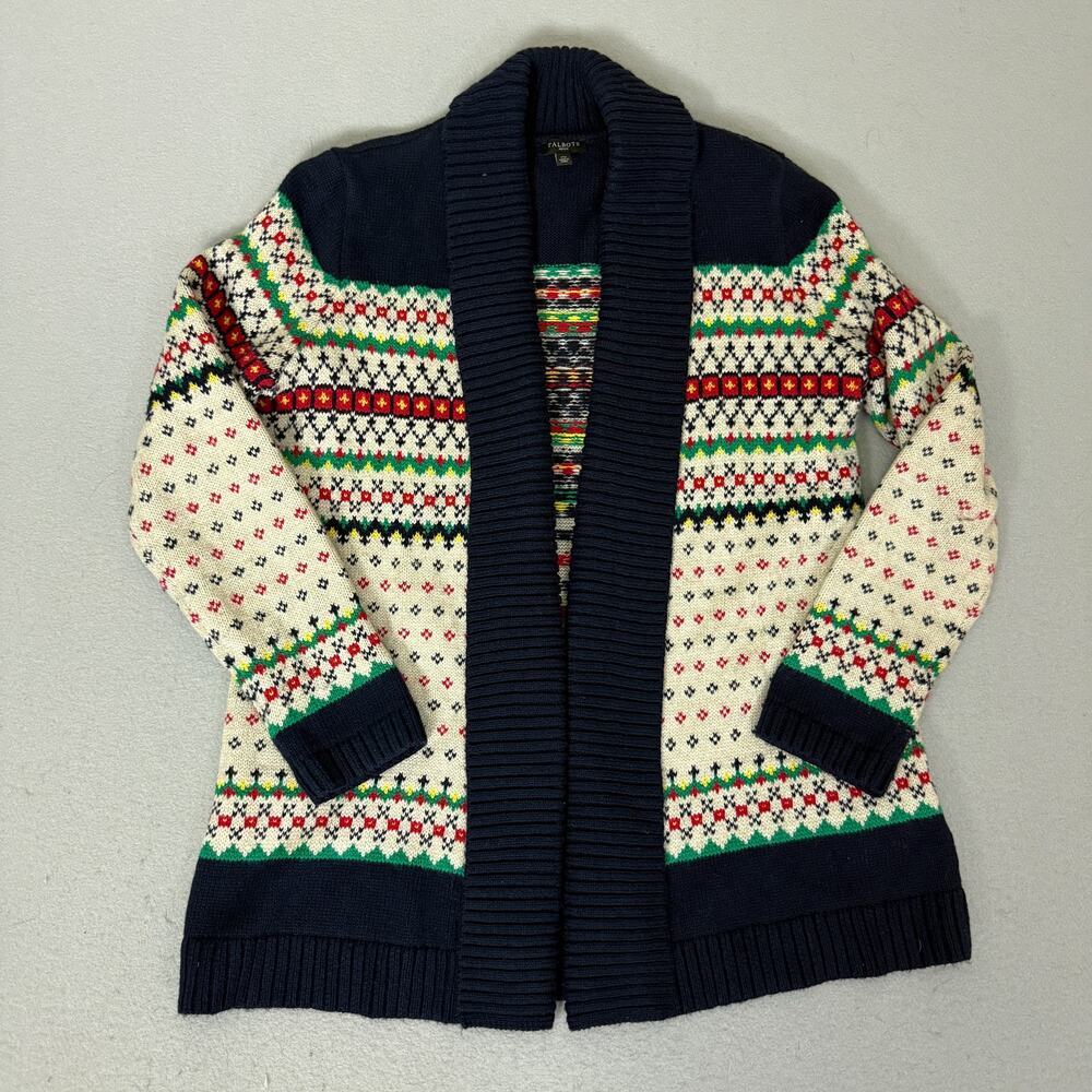 Talbots Petite MP Fair Isle Cardigan Sweater Shawl Collar Navy Multi Knit